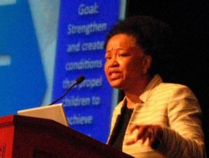 Dr. Gail Christopher, Vice President for Programs at the W.K. Kellogg Foundation, announcing the foundation's plans to promote racial equity. Photo by Chris Corrigan. 
